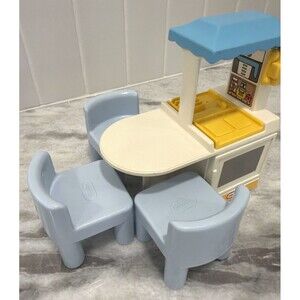 Vintage Little Tikes Dollhouse Kitchen Island with 3 Blue Chairs Blue Roof